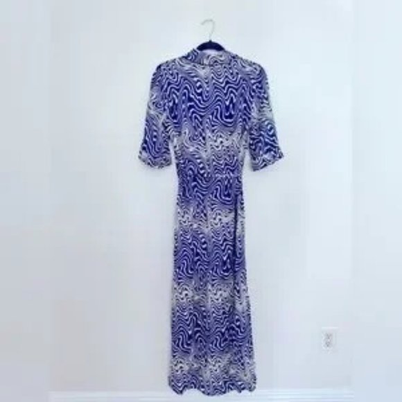 ZARA Long Flowing Geometric Print Midi Dress Belt Blue White Geometric Size M - Picture 4 of 7